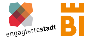 Das Logo Engagierte Stadt mit vier Pfeilen in Teal, Orange, Grau und rot, die von der Mitte aus jeweils in die Ecken zeigen und das orangefarbene Logo der Stadt Bielefeld mit einem waagerecht liegenden E Über den Buchstaben BI