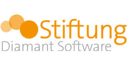 Das Logo zeigt den Schriftzug „Stiftung Diamant Software“ in Orange und Grau. Links stehen drei orange Kreise in unterschiedlichen Größen.